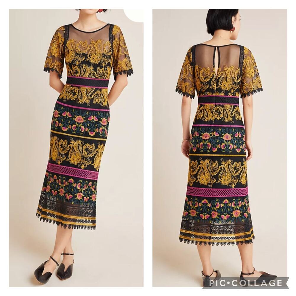 Anthropologie Jacquin Embroidered Midi Dress Romantic Lace Size 10 Petite